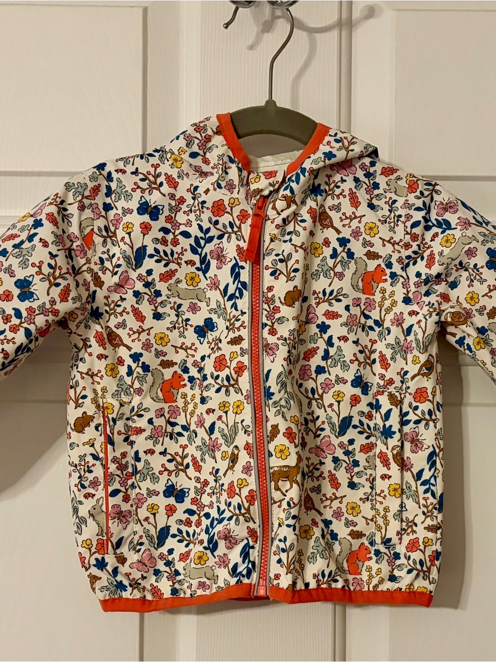 Boden White Floral & Woodland Hooded Raincoat with Orange Trim